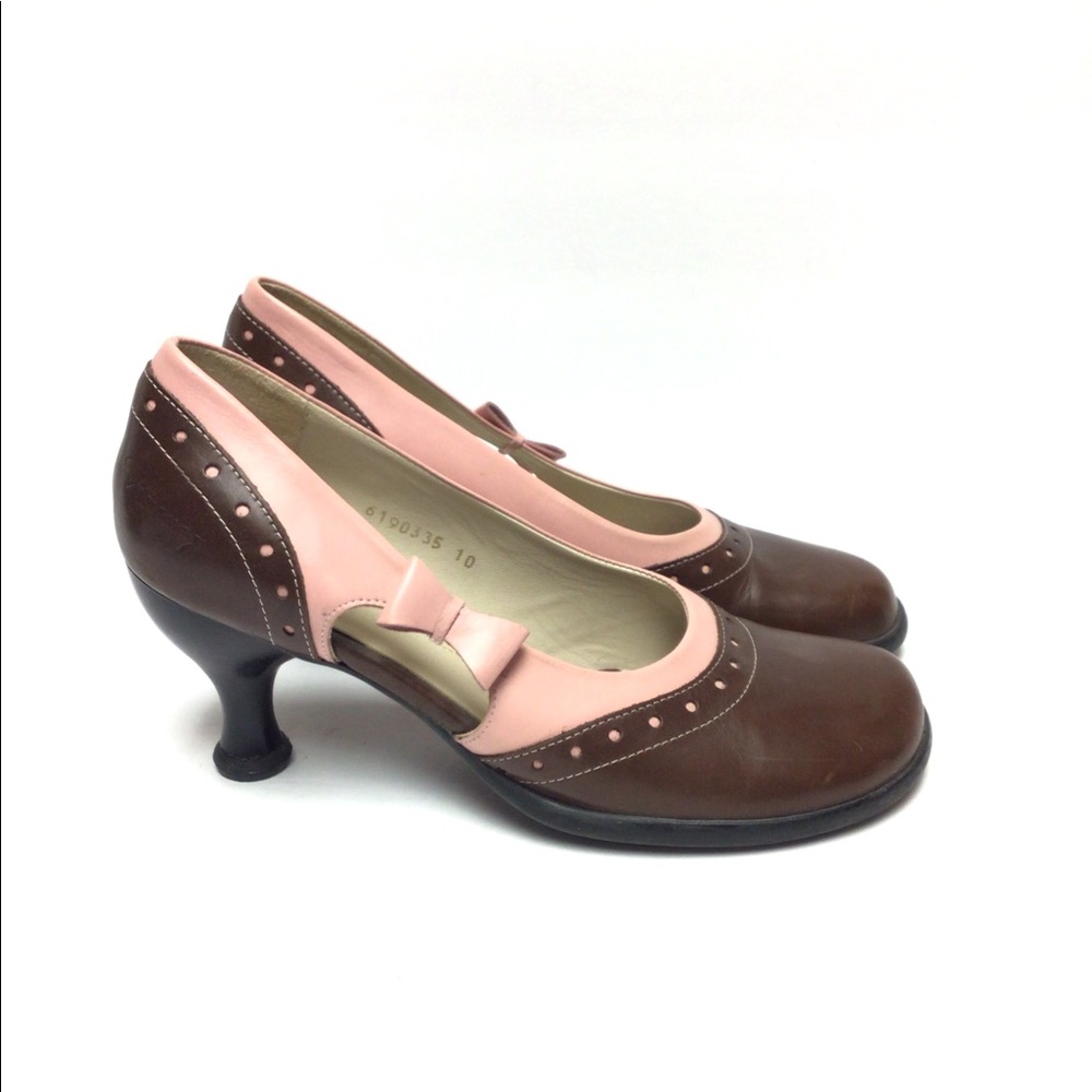 John Fluevog Brown Pink With Bow Bellevue Heel Shoes 10